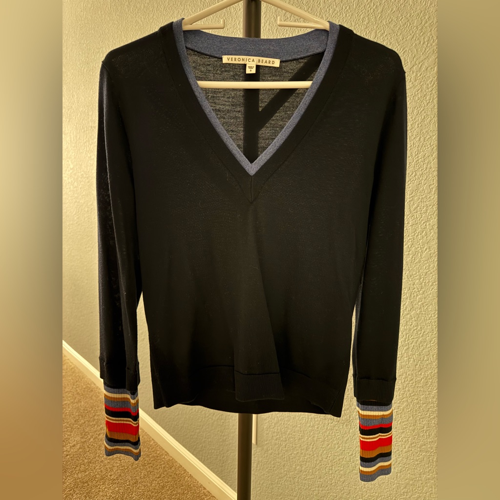 Veronica Beard Navy Blue V-Neck Sweater With Multicolor Striped Cuffs